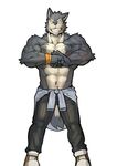  2015 abs absurd_res anthro biceps big_muscles black_fur black_nose brown_fur canine clothed clothing dog footwear front_view fur grey_fur half-dressed hi_res husky_(artist) looking_at_viewer male mammal multicolored_fur muscular pants pecs shoes simple_background smile solo standing tan_fur teeth topless two_tone_fur vein white_background white_sclera wide_eyed wristband yellow_eyes 