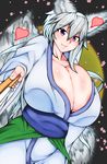  &lt;3 abstract_background animal_humanoid big_breasts bigshine000 blush breasts canine cleavage clothed clothing female grey_hair hair huge_breasts humanoid japanese_clothing kimono mammal pose purple_eyes solo wolf wolf_humanoid 