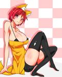  abstract_background animal_humanoid big_breasts bigshine000 blush breasts canine cleavage clothed clothing female fox fox_humanoid fox_tail hair humanoid legwear mammal pose purple_eyes red_hair short_hair sitting skimpy smile solo thigh_highs 