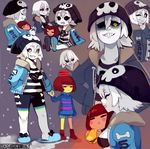  2015 androgynous artist_name beanie black_sclera blue_(hopebiscuit) closed_eyes eating food food_on_head frisk_(undertale) genderswap genderswap_(mtf) glowing glowing_eye grin hamburger hat holding_hands hood hoodie humanization object_on_head plump sans sausage shirt short_hair shorts slippers smile snow snowing striped striped_shirt striped_sweater sweat sweater undertale white_eyes white_hair white_skin yellow_eyes 