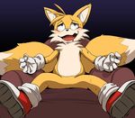  2015 anthro black_background blue_eyes blush canine chair chest_tuft clothing crimsonrabbit footwear fox fur gloves half-closed_eyes male mammal miles_prower multicolored_fur open_mouth shoes simple_background sitting solo sonic_(series) spread_legs spreading tuft two_tone_fur white_fur yellow_fur 