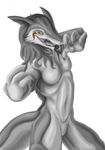  2015 anthro blood blood_warpaint breasts claws featureless_breasts featureless_crotch female forked_tongue fur grey_fur grey_hair hair long_hair markings navel nude open_mouth rain_silves sacrificabominat sergal simple_background slit_pupils small_breasts solo teeth tongue tongue_out white_background white_fur yellow_eyes 