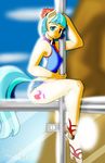  anthro anthrofied breasts clothed clothing coco_pommel_(mlp) cream_fur cutie_mark dekomaru earth_pony equine flower flower_in_hair friendship_is_magic fur hair horse looking_at_viewer mammal midriff multicolored_hair my_little_pony plant pole pony teal_hair thehotroom two_tone_hair 