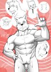  abs abstract_background absurd_res anthro balls bandage biceps canine chain clenched_teeth collar dog flaccid fur hand_on_hip hi_res husky_(artist) looking_at_viewer male mammal multiple_images muscular nipples nude pecs penis pubes smile smirk solo standing teeth white_fur 