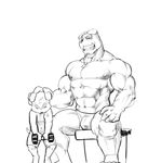  abs anthro barazoku biceps big_muscles canine clothed clothing dog dog_tags duo father fur half-dressed hand_on_back husky_(artist) male mammal monochrome muscular necklace nipples parent pecs shorts simple_background sitting smile son standing straining teeth topless weights white_background 