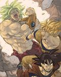 broly clenched_hand constricted_pupils dragon_ball dragon_ball_z dual_persona legendary_super_saiyan male_focus multiple_boys muscle nitako scared shirtless son_gokuu spiked_hair super_saiyan turn_pale wall you_gonna_get_raped 