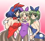  animal_ears ass bad_id bad_pixiv_id blonde_hair blush breasts bunny_ears bunny_girl bunnysuit cleavage frog green_eyes green_hair hair_ornament kochiya_sanae large_breasts long_hair medium_breasts moriya_suwako multiple_girls pantyhose purple_hair red_eyes shoko_(usatan) short_hair small_breasts snake touhou yasaka_kanako yellow_eyes 