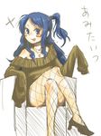  :p blue_eyes blue_hair blush_stickers chair crossed_legs fishnet_pantyhose fishnets homeko_(artist) jewelry legs long_sleeves necklace original pantyhose sitting solo tongue tongue_out 