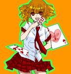  beelzebub brown_hair card drill_hair duplicate ecirtaeb floating_card holding holding_card lowres playing_card skirt solo stakes_of_purgatory umineko_no_naku_koro_ni 