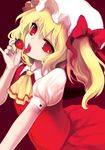  blonde_hair bow fang flandre_scarlet food fruit hair_bow hat holding holding_food holding_fruit itou_life red_eyes side_ponytail solo strawberry tongue touhou 