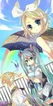  2girls aqua_eyes aqua_hair bad_id bad_pixiv_id blonde_hair bug butterfly day detached_sleeves dutch_angle flower hair_ornament hair_ribbon hairclip hatsune_miku headphones headset hydrangea insect kagamine_len kagamine_rin long_hair multiple_girls necktie rainbow ribbon short_hair skirt sky sky_print star_(sky) starry_sky starry_sky_print thighhighs tsukioka_tsukiho twintails umbrella vocaloid zettai_ryouiki 