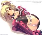  armor blush boots emilia_percival knee_boots lying mame-p on_side panties phantasy_star phantasy_star_portable_2 ponytail red_eyes solo striped striped_panties thighhighs underwear 