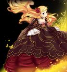  alternate_hairstyle bad_id bad_pixiv_id beatrice blonde_hair bow breasts cleavage dress flower fuyu_kitsune hair_down hair_ornament long_hair medium_breasts pink_bow solo umineko_no_naku_koro_ni 