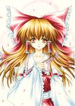  bow branch brown_eyes brown_hair detached_sleeves expressionless flower fragran0live hair_bow hakurei_reimu holding japanese_clothes large_bow long_hair marker_(medium) nib_pen_(medium) ribbon solo touhou traditional_media 