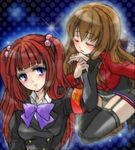  armband bad_id bad_pixiv_id black_legwear blue_eyes blush bow brown_hair closed_eyes garter_straps hair_bobbles hair_ornament jewelry kiss long_hair lowres mammon multiple_girls natsu315 red_hair ring short_twintails skirt stakes_of_purgatory thighhighs twintails umineko_no_naku_koro_ni uniform ushiromiya_ange yuri 