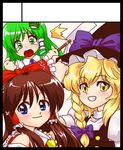  abo_(hechouchou) bad_id bad_pixiv_id blonde_hair blue_eyes blush brown_hair frog_hair_ornament green_eyes green_hair grin hair_ornament hakurei_reimu hat kirisame_marisa kochiya_sanae multiple_girls scared smile tears teeth touhou upper_body witch_hat 