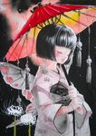  acrylic_paint_(medium) bad_id bad_pixiv_id bangs black_hair blunt_bangs blush bob_cut bow bug butterfly butterfly_wings closed_eyes dark flower hair_bow insect japanese_clothes kimono lips long_sleeves obi oriental_umbrella original sash short_hair solo spider_lily traditional_media umbrella wide_sleeves wings yuhka 