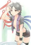  adjusting_hair asymmetrical_wings bad_id bad_pixiv_id black_hair black_legwear breasts houjuu_nue kurobuta_gekkan messy_hair no_bra open_clothes open_shirt red_eyes shirt short_hair short_shorts shorts small_breasts solo thighhighs touhou untied wings 