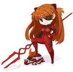  bangs bident blue_eyes bodysuit bracer breasts character_name chibi clenched_hand closed_mouth clothes_writing eva_02 evangelion:_3.0_you_can_(not)_redo extra_eyes eyepatch from_side gloves hand_on_hip headgear holding holding_weapon lance_of_longinus legs_apart light_smile long_hair looking_at_viewer lying mecha neon_genesis_evangelion number on_stomach one_eye_covered orange_hair pilot_suit plugsuit polearm ran_system rebuild_of_evangelion red_bodysuit shadow shikinami_asuka_langley sideways_glance simple_background size_difference skin_tight small_breasts smile solo souryuu_asuka_langley stepped_on straight_hair tears thighs turtleneck two_side_up very_long_hair weapon white_background 
