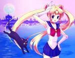  bishoujo_senshi_sailor_moon black_cat blonde_hair blue_eyes blue_sailor_collar blue_skirt bow cat choker double_bun elbow_gloves gloves hand_on_hip long_hair luna_(sailor_moon) magical_girl md5_mismatch red_bow red_choker sailor_collar sailor_moon sailor_senshi_uniform skirt tiara tsukino_usagi twintails white_gloves yukka_(yucca_u) 