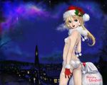  back bad_id bad_pixiv_id bell bikini blonde_hair blue_eyes breasts christmas church cityscape gloves hat long_hair looking_back night night_sky original pon red_gloves sack santa_hat side-tie_bikini sky small_breasts smile solo swimsuit 