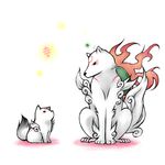  animal chibiterasu dog fire flame fuji_shoku issun mother_and_son no_humans ookami_(game) ookamiden puppy reflector_(ookami) sitting weapon wolf 