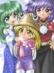  blonde_hair blue_hair detached_sleeves frog green_eyes green_hair hair_ornament hat kochiya_sanae long_hair moriya_suwako multiple_girls red_eyes ribbon touhou winn yasaka_kanako yellow_eyes 