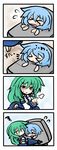  &gt;_&lt; 4koma blue_hair blush_stickers chibi closed_eyes comic green_hair kochiya_sanae multiple_girls nurikabe_(character) silent_comic sweat t.t tatara_kogasa tears touhou tsundere yanagi_(nurikoboshi) 