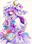  book bow capelet colored_eyelashes crescent dress eyelashes frills hair_bow hair_ribbon hat holding lips lipstick long_hair long_sleeves makeup miri_(tobira_no_mukou) no_nose patchouli_knowledge purple_eyes purple_hair ribbon solo touhou traditional_media watercolor_(medium) wide_sleeves 