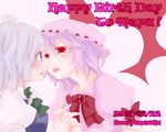  bat_wings blush hairband holding_hands izayoi_sakuya multiple_girls purple_hair red_eyes remilia_scarlet short_hair silver_hair tongue touhou wings yumesuke yuri 