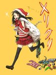  black_hair black_legwear christmas copyright_request elbow_gloves fish game_console gloves highres homeko_(artist) legs playstation product_placement red_eyes red_gloves sack santa_costume shirt skirt solo striped striped_shirt thighhighs 