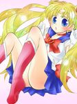  back_bow bad_id bad_pixiv_id bishoujo_senshi_sailor_moon blonde_hair blue_eyes blue_sailor_collar boots bow choker double_bun elbow_gloves gloves hatsuki_(tsukichikyu) long_hair panties pantyshot red_bow sailor_collar sailor_moon sailor_senshi_uniform solo tiara tsukino_usagi twintails underwear white_gloves 