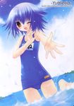  blue_hair child highres mone one-piece_swimsuit one_eye_closed open_mouth sakurazawa_izumi school_swimsuit solo swimsuit wading yumeria 