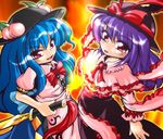  blue_hair food fruit hat hinanawi_tenshi long_hair multiple_girls nagae_iku peach purple_hair red_eyes ribbon sword touhou weapon winn 