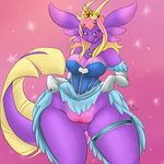  2015 astrofenn bedroom_eyes big_breasts biting_lip breasts cleavage clothed clothing crown dragon dress elbow_gloves female flashing gloves half-closed_eyes horn looking_at_viewer necklace pussy seductive skirt skirt_lift solo standing thick_thighs upskirt wide_hips 