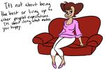  anthro brown_fur brown_hair clothed clothing cute digital_media_(artwork) disney english_text female footwear fur goof_troop hair happy mature_female peg_pete sheriff_(artist) shoes simple_background sitting smile sofa solo tan_fur text white_background 