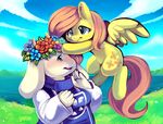  2015 anthro blue_eyes blue_sky blush caprine clothing cloud crossover cutie_mark day duo ende equine female feral flower fluttershy_(mlp) friendship_is_magic fur goat grass hair horse mammal my_little_pony outside pegasus pink_hair plant pony sky smile toriel undertale video_games white_sclera wings yellow_fur 