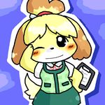  1girl animal_crossing anthro black_nose blonde_hair blush canine clothing dog doubutsu_no_mori dress female furry hair hair_ornament isabelle_(animal_crossing) mammal nintendo one_eye_closed ponytail shizue_(doubutsu_no_mori) short_hair solo tail uniform unknown_artist video_games wink 