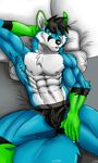  2015 abs anthro bed biceps bird&#039;s-eye_view black_fur black_hair blue_fur bulge canine chest_tuft clothed clothing clownboy1 digital_media_(artwork) dog fluffy_tail fur green_eyes green_fur hair half-dressed hand_behind_head high-angle_shot husky lying male mammal multicolored_fur muscular navel nipples on_back on_bed pecs pillow seductive topless tuft underwear white_fur white_sclera wolf 