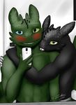  affection alban automail black_scales blue_eyes blush cute dragon forked_tongue fullmetal_alchemist green_eyes green_scales heterochromia holding how_to_train_your_dragon night_fury phone prosthetic reptile risk_leonhart_strife scales scalie selfie smile teeth toned tongue zenkhai 
