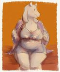  bed better_version_at_source big_breasts breasts chubby clothing looking_at_viewer nightgown open_shirt pinup pose saucy_(artist) shirt sitting toriel undertale video_games 