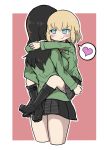  black_hair blonde_hair blue_eyes blush carrying girls_und_panzer heart highres katyusha multiple_girls nonna pravda_school_uniform red_background school_uniform simple_background skirt smile two-tone_background white-stew white_background yuri 