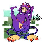  2015 ambipom anthro breasts female grin legs_up mammal monkey nintendo nipples plump_labia pok&eacute;mon primate pussy pussy_juice simple_background solo spread_pussy spreading video_games wolflance 