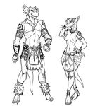  2014 anthro barefoot breasts clothed clothing duo female guoh half-dressed lizard loincloth looking_at_viewer male markings navel necklace nipples reptile scalie simple_background skimpy smile smirk smug standing topless tribal white_background 