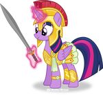  2015 armor equine female friendship_is_magic galea glowing hair horn levitation magic mammal melee_weapon my_little_pony purple_eyes purple_hair solo sparkles sword twilight_sparkle_(mlp) vector-brony weapon winged_unicorn wings 