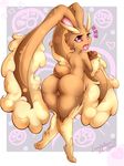  2015 anthro big_butt big_ears brown_fur butt caught eyelashes female food fur leonkatlovre looking_at_viewer lopunny nintendo open_mouth pink_eyes pok&eacute;mon pokepuff pussy solo thick_thighs video_games voluptuous wide_hips 
