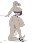  2015 anthro ball big_breasts bikini blue_eyes breasts claws clothed clothing digital_media_(artwork) female grin high_heels hydra leaning lips looking_at_viewer multi_head on_one_leg reptile scalie simple_background smile snake solo standing swimsuit wiira 