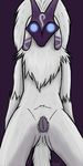  2015 animal_genitalia anthro anus caprine chest_tuft digital_media_(artwork) female flat_chested fluffy fur glowing glowing_eyes hair kindred_(lol) lamb_(lol) league_of_legends long_ears looking_at_viewer low-angle_shot mammal mask nude purple_background pussy selixjackal sheep short_tail simple_background solo spirit submissive_pov tuft video_games white_body white_fur worm&#039;s-eye_view 