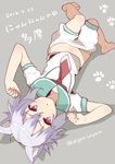  animal_ears barefoot cat_ears grey_background highres kantai_collection looking_at_viewer lying midriff navel on_back purple_hair red_eyes school_uniform short_hair solo tama_(kantai_collection) touyama_eight upside-down 