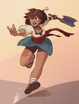  ajna_(indivisible) axe brown_eyes brown_hair commentary indivisible open_mouth pehesse running sandals short_hair solo weapon 